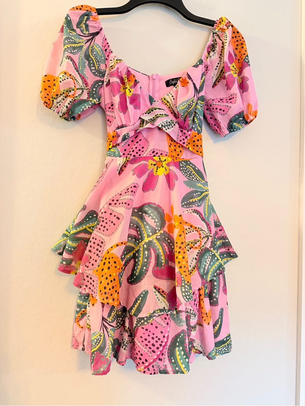 Crystal Sky Pink Floral Puff-Sleeve Mini Dress with Tiered Skirt